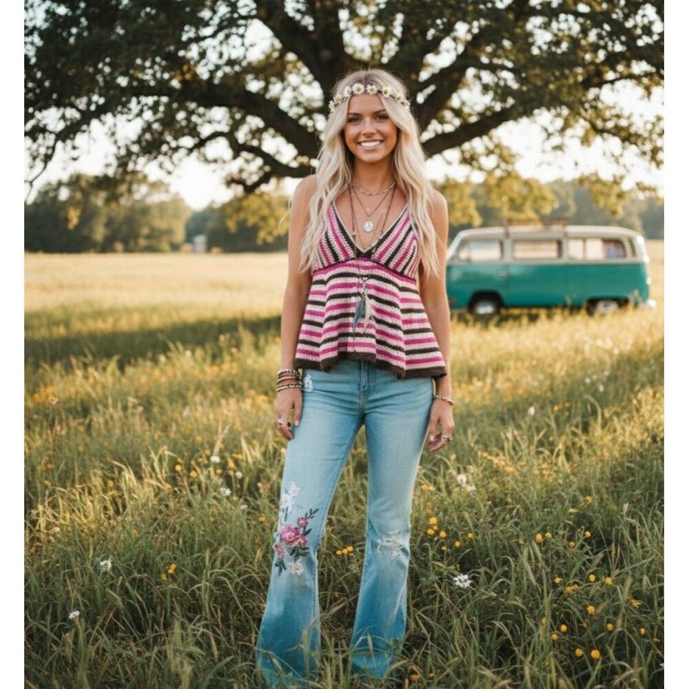 POL Crochet Striped V-Neck Babydoll Cropped Boho Hippie Girl Top Women S